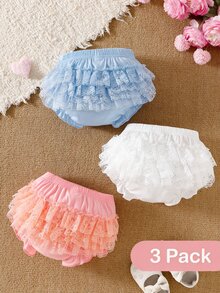 SHEIN 3 Packs Baby Girls Summer Ruffle Bloomers Shorts Pink White Striped Lace Mesh - Multicolor - View 1