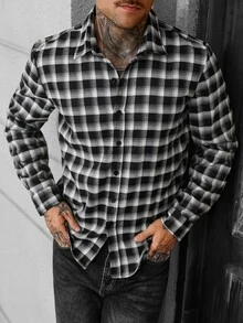 Manfinity CasualCool 男士格紋長袖單排扣休閒襯衫 - 黑色 - 查看 4