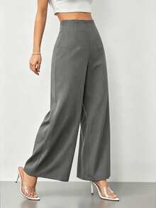 SHEIN PETITE CURVE 大尺碼優雅休閒高腰百褶寬鬆商務長褲 - 淺灰色 - 查看 8