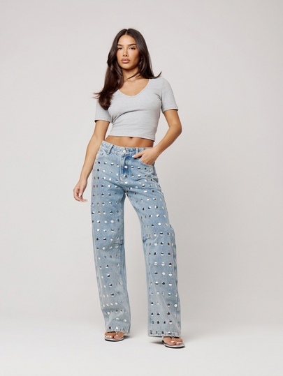 Musera Petite Mid Rise Mirror Studded Baggy Fit Straight Leg Jeans Fall Autumn Winter Back To School Daily Everyday