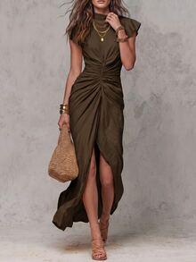 Solivie Women's Solid Color Pleated Elegant Waist-Cinched Long Dress For Party And Gathering - Coffee Brown - View 4