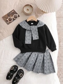 SHEIN 女嬰蝴蝶結圖案披肩設計運動衫與百褶裙休閒套裝 - 黑色 - 查看 3