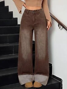 SHEIN Tall 冬季女款休閒水洗復古時尚翻邊設計寬腿牛仔褲 - 棕色 - 查看 8