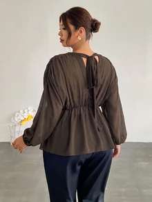 Firerie Plus Size Women Solid Color V-Neck Lantern Sleeve Ruffle Hem Fashion Blouse - Coffee Brown - View 2