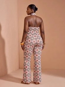JIAN LASALA All-Over Print Halter Neck Tie Sleeveless Flared Leg Women Summer Plus Size Jumpsuits Boho Casual - Multicolor - View 2
