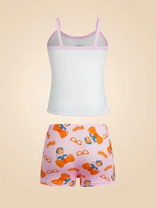 Blippi X SHEIN Young Girl Cartoon Print Camisole And Shorts Underwear Set - Pink - View 3
