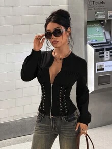 StreetHx Women's Black V-Neck Zipper Sexy Y2K Gothic Slim Fit Holiday Gothic Blouse - Black - View 1