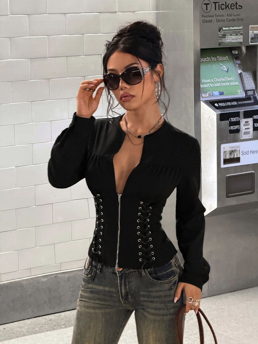 StreetHx Women's Black V-Neck Zipper Sexy Y2K Gothic Slim Fit Holiday Gothic Blouse - Black - View 1
