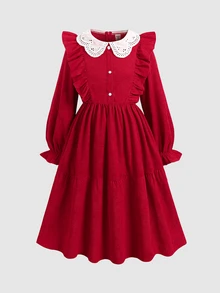 SHEIN 少女對比領紅色燈芯絨荷葉邊收腰A字洋裝 - 紅色 - 查看 6