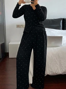 Dazy Plus Set Piyama 2 Potong Celana Panjang Kasual Motif Polkadot Modis untuk Pakaian Rumah Musim Semi dan Gugur, Model Baru yang Lucu - Hitam - View 5
