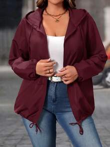 EMERY ROSE Plus Size Women's Solid Color Long Sleeve Zip-Up Casual Hooded Jacket - Burgundy - View 5