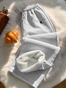 Comfortcana 女款馬術刺繡抽繩腰保暖內裡寬鬆休閒運動長褲 - 灰色 - 查看 3