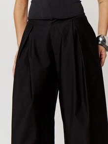 Musera Petite Black Pleated Wide Balloon Leg Suit Trousers Fall Autumn Winter Back To School Daily Everyday - Black - View 4