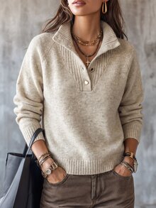 SHEIN Women's Autumn/Winter Soft Semi-High Neck 5-Button Knit Sweater, Raglan Sleeve Loose Slouchy Short Pullover Knit Top, Versatile Daily Commute Inner Layer - Apricot - View 1
