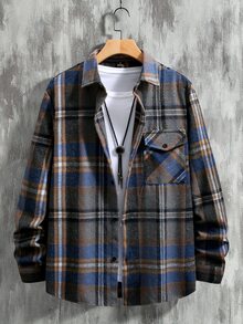 Manfinity Homme 男士休閒單排釦格紋商務長袖襯衫 - 彩色 - 查看 7