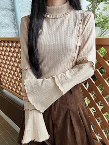 FRIFUL Women's Solid Color High Neck Bell Sleeve Casual Romantic Cute Versatile T-Shirt Brunch Apricot Autumn - Beige - View 5
