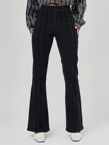 MUSERA Black Denim Flared Seam Detail Jeans Fall Autumn Winter Coolgirl Back To School Blancs - Black - View 2
