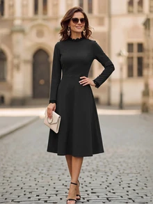 EMERY ROSE Women's Solid Color Casual Elegant Minimalist Party Office Semi Formal Mid-Length Dress Black Autumn - Black - View 3