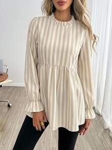 Easowa Women's Casual Printed Autumn/Winter Daily Basic Shirt, Simple Apricot Faux Texture Striped Print Blouse With Puff Sleeves, Suitable For Spring/Autumn Wear - Multicolor - View 5