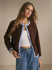 Poéselle Women's Contrast Color Long Sleeve Knit Cardigan, New Autumn/Winter Style - Coffee Brown - View 2
