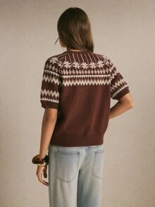 Poéselle Women's Casual Versatile Pullover, Fair Isle Pattern Short Sleeve, Suitable For Daily Wear,Women Fall Winter Sweater,Fashionable Tops - Brown - View 7