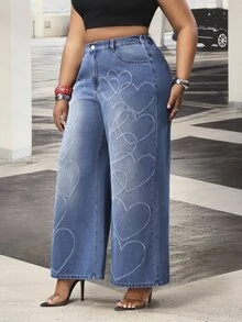 Slaydiva Plus Size Women's All-Season Heart Laser Burned Distressed Blue Denim Wide Leg Pants - Medium Wash - View 6