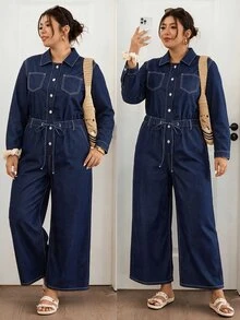 Lounesse Plus Size Women's Casual Daily Denim Jumpsuit - Blue - View 3