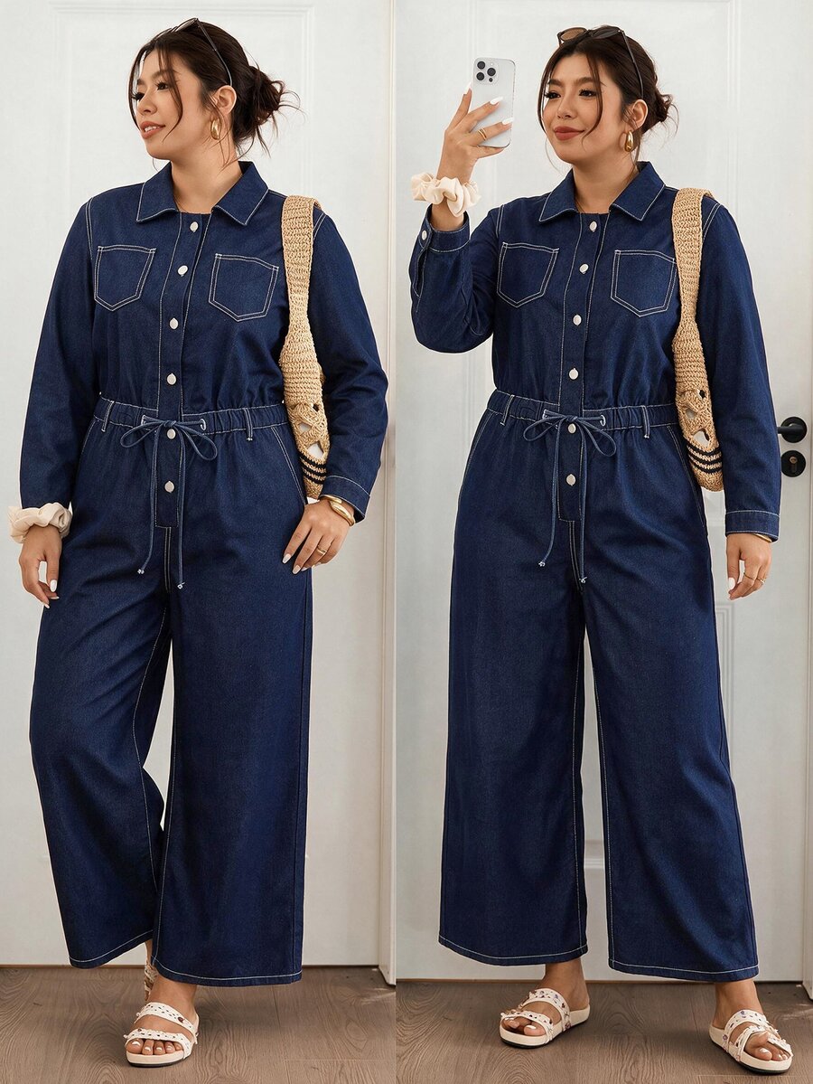 Lounesse Plus Size Women's Casual Daily Denim Jumpsuit - Blue - View 1
