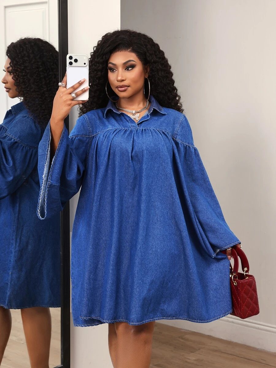 Slaydiva Plus Size Women's Collared Long Sleeve Ruched Casual Denim Dress - Blue - View 1