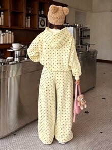 Tween女孩休閒時尚復古波點連帽落肩寬鬆衛衣與休閒寬鬆長褲2件套，抓絨內裡，適合秋冬日常、運動、返校、外出、音樂節，美式街頭風，甜酷慵懶，隨性時尚，少女風 - 彩色 - 查看 2