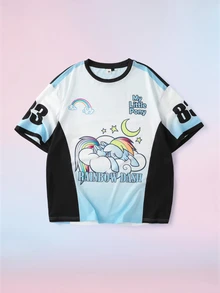 My Little Pony X SHEIN Men's Fashion Cartoon Graphic Print Crew Neck Short Sleeve T-Shirt - Blue and White - View 1