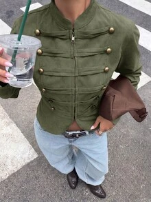 Muchica 女款休閒舒適軍綠色編織長袖薄款夾克外套，適合秋冬穿著 - 軍綠色 - 查看 3