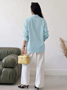Solavon Women's Solid Color Casual Versatile Daily Wear Shirt - Blue - View 2