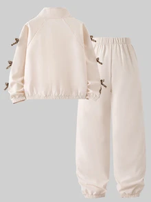 SHEIN Sparklyn 女童休閒夾克套裝，字母刺繡，適合秋冬戶外散步、旅行，長袖，春秋套裝 - 杏色 - 查看 3