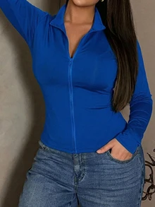 Dazy Plus 彈性修身拉鍊門襟短袖短版T恤，大尺碼女款休閒運動上衣，春夏款 - 寶藍色 - 查看 5