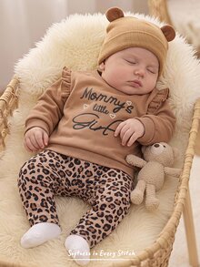 Cozy Pixies 女嬰幼兒女童卡通動物豹紋簡約字母圖案針織軟綿圓領長袖/帽袖套頭運動衫彈性腰貼身長褲2件套可愛套裝，適合居家休閒外出度假派對等多種場合 - 彩色 - 查看 2