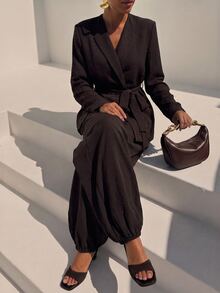 Zivah 女款純色打結腰長袖上衣與長褲休閒日常套裝 - 棕色 - 查看 7