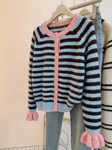 SHEIN Women's Striped Colorblock Casual Daily Cardigan - Blue - View 6