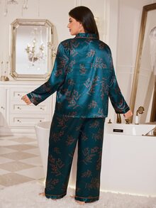MuseNap CURVE Women's Plus Size Botanical Print Faux Silk Open Front Lapel Long Sleeve Pants Pajama Set - Dark Green - View 3