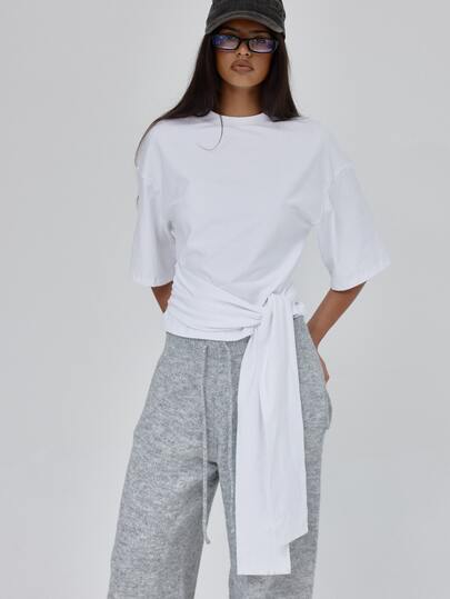 MUSERA Crewneck Loose Boxy Fit Cinched Tie Waist Tshirt Tee Fall Autumn Winter Coolgirl Back To School Blancs