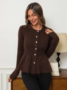 EMERY ROSE Women Flared Hem Fuzzy Knit Cardigan, Round Neck Button Down Sweater - Brown - View 7
