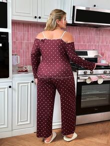 Slumberry CURVE طقم بيجامة نسائي مقاس كبير بطبعة قلب من قماش محبوك بأكمام طويلة وبنطال طويل - ابيض واحمر - مشاهدة 2