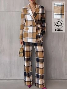 SHEIN Women's Plaid Long Sleeve Top And Pants Casual Commute Suit Set - Multicolor - View 3
