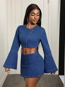 Slaydiva Set Atasan Crop Seksi Wanita dan Rok Mini Denim dengan Belahan Depan - Biru - View 3