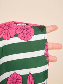 LOTSLUV Women's Spring/Summer Vacation V-Neck Structured Ruffle Embroidered Cinched Waist Ruched Blue Striped And Pink Floral Placement Print Dress - Green - View 8