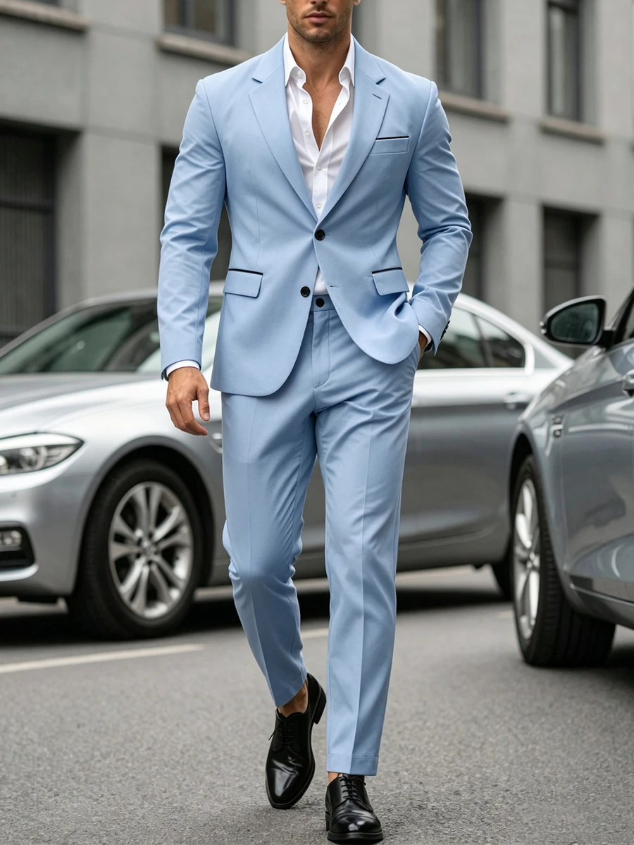 Manfinity Bizformal Men's Solid Color Long Sleeve Jacket And Pants Casual Suit Set - Blue - View 1
