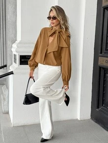 Pariaura European And American Style Autumn/Winter New Fashion Versatile Solid Color Diagonal Stripe V-Neck Tie Loose Elegant Commute Design Long Sleeve Blouse - Coffee Brown - View 5