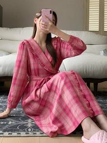 DAZY Women's Loose Plaid Cardigan Robe With Frill Trim And Asymmetric Front - Pink - View 4