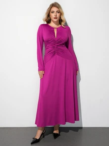 Maija Plus Size Women Solid Color Pleated Casual Elegant Party Formal Date Night Dress Magenta Autumn - Lilac Purple - View 5