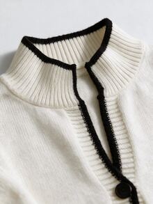 Omancia Chic Contrast Binding V Neck Knit Cardigan, Women Long Sleeve Button Down Elegant Slim Fit Fall Sweater - Apricot - View 7